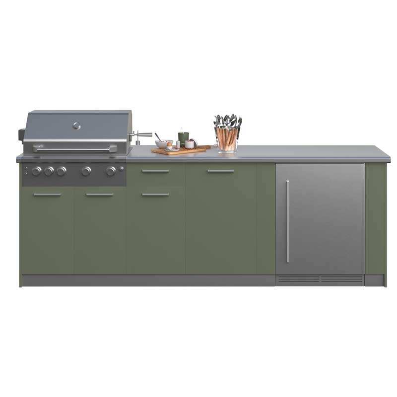 Outdoor Kitchen Stainless Steel 6 Piece Cabinet Set with Drawer, Grill Cabinet, Gas Grill, Countertop, Fridge Cabinet and Fridge