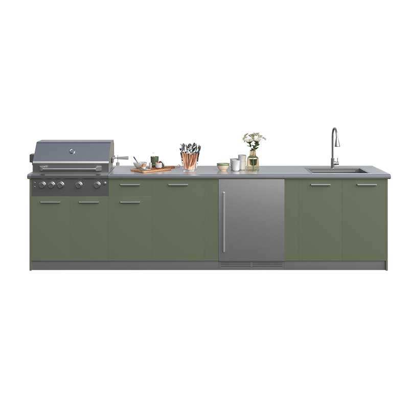 Outdoor Kitchen Stainless Steel 7 Piece Cabinet Set with Sink, Drawer, Grill Cabinet, Gas Grill, Countertop, Fridge Cabinet and Fridge